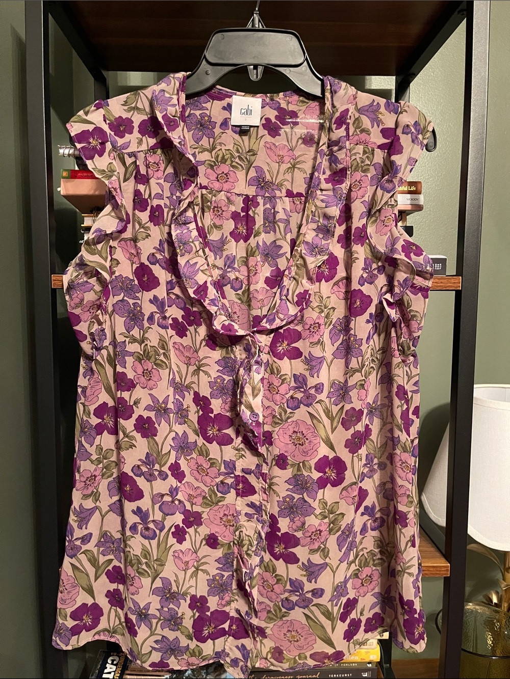 CAbi Pink and Purple Floral Ruffle-Sleeve Blouse size small